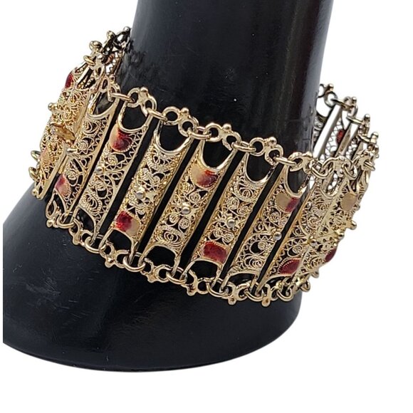 Electroplated Gold on 800 Silver Filigree Panel Bracelet Red White Accents 7.25" - Picture 6 of 15